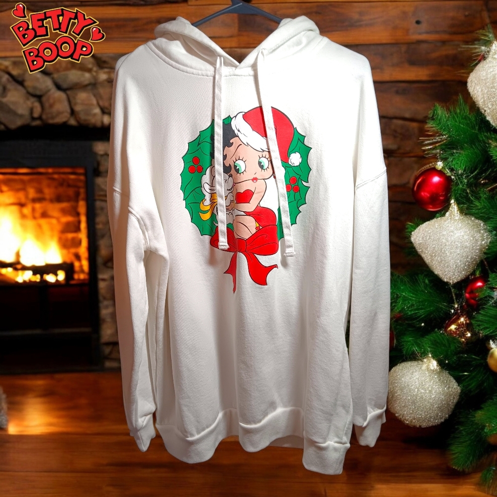 BETTY BOOP & Pudgie White Christmas Mistletoe Wreath Hooded Sweatshirt Size XXL
